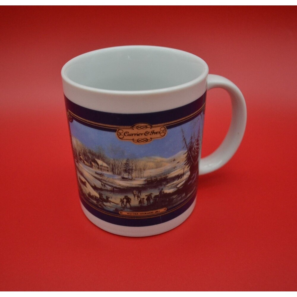 Currier and Ives Winter Morning Coffee Mug Cup White and Blue Houston Products